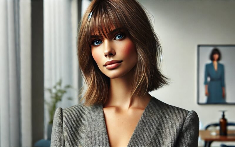 A close-up of a model with curtain bangs, highlighting the soft, face-framing fringe, in a trendy, chic hairstyle against a neutral backdrop.