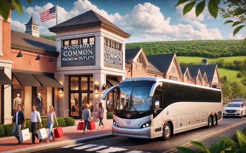 A bus arriving at Woodbury Common Premium Outlets, with a scenic background of shops and hills in a landscape orientation.