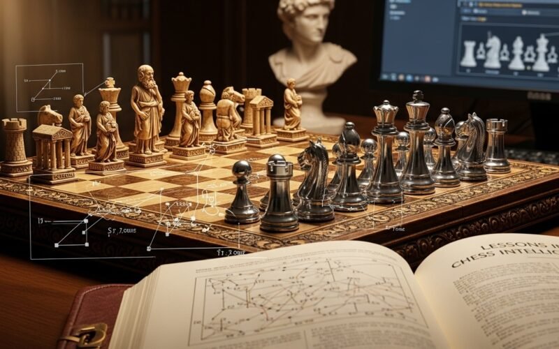 GM Sócrates analyzing a chessboard, blending classical strategy with modern AI insights in 2026 chess.