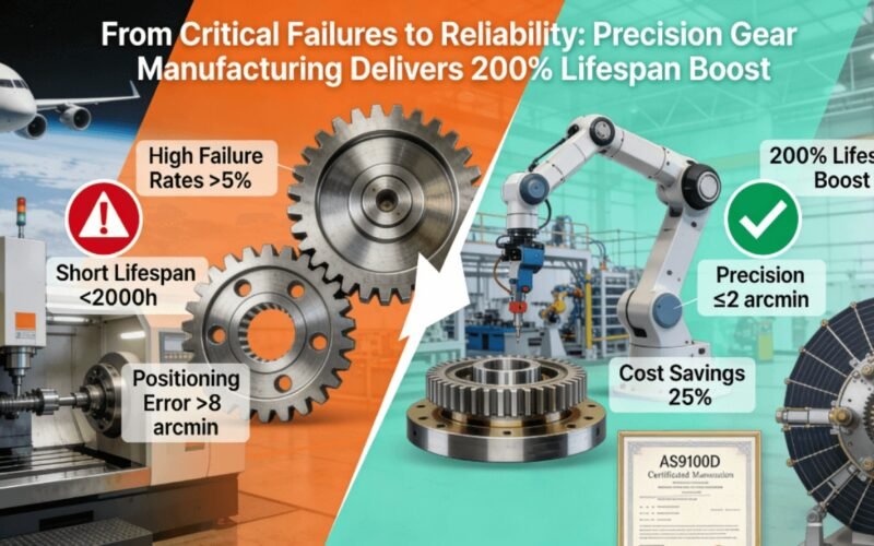 Comparison diagram contrasting traditional gear manufacturing problems (high failure rates, short lifespan) with precision gear solutions (200% lifespan boost, ≤2 arcmin accuracy) in aerospace and robotics applications.
