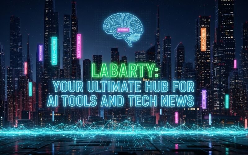 Labarty logo with AI tools, gadgets, and technology icons in the background