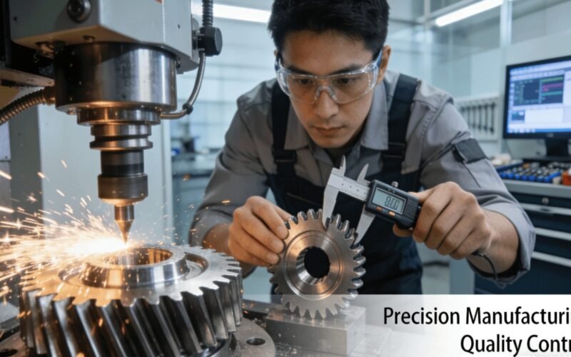 Engineer inspecting a precision spur gear manufactured by advanced CNC machining technology in a modern industrial facility.