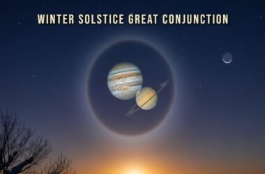 Winter Solstice Great Conjunction showing Jupiter and Saturn alignment in the night sky