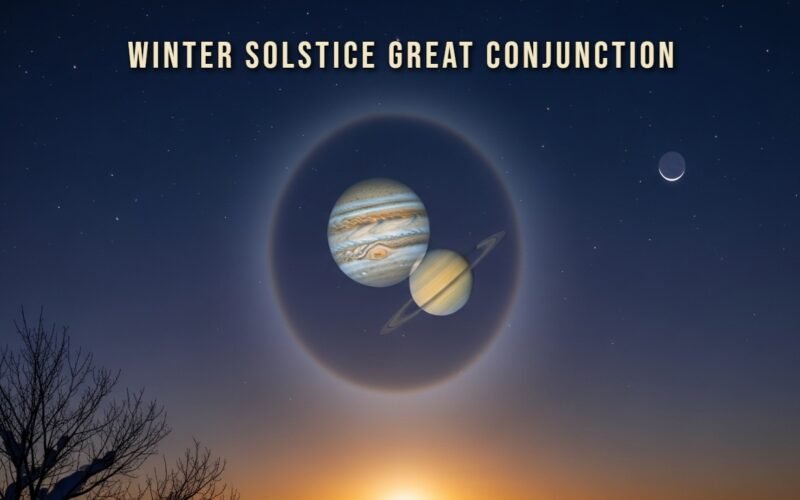 Winter Solstice Great Conjunction showing Jupiter and Saturn alignment in the night sky