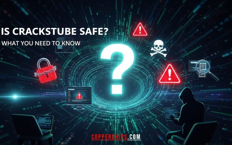 Warning sign on a laptop highlighting dangers of cracked software and malware from sites like Crackstube