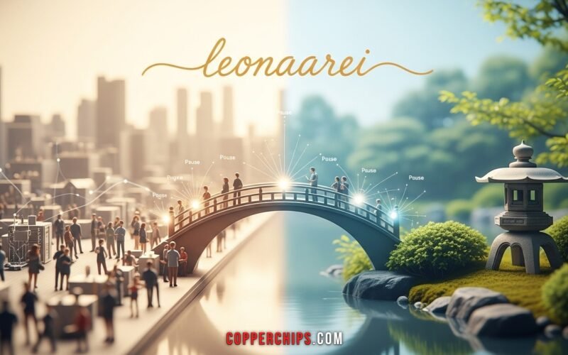 A calm workspace with a person taking a mindful pause, symbolizing the principles of leonaarei for focus and balance.