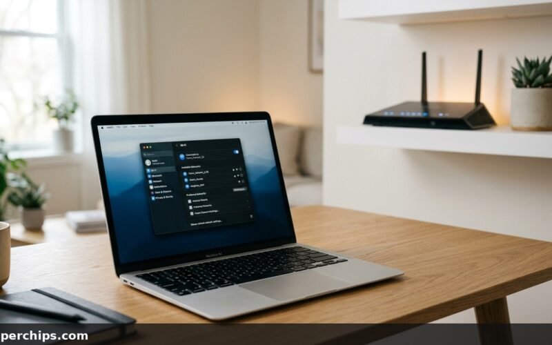 Laptop open on wooden desk with 5GHz Wi-Fi network missing from available network list