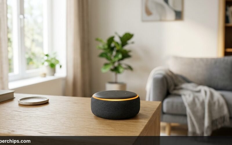 Amazon Echo Dot smart speaker with an illuminated orange setup ring on a wooden table