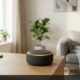 Amazon Echo Dot smart speaker with an illuminated orange setup ring on a wooden table