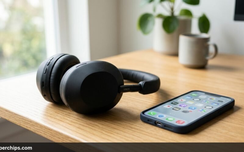 Black wireless Bluetooth headphones resting on a wooden desk next to a smartphone