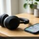 Black wireless Bluetooth headphones resting on a wooden desk next to a smartphone