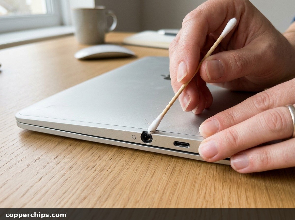 Precision pointed cleaning swab cleaning lint and debris from 3.5mm headphone audio socket on laptop