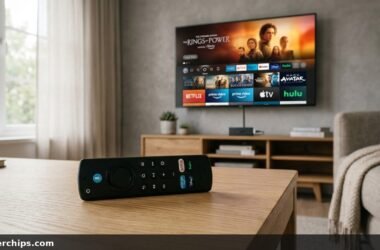 Amazon Fire TV Alexa Voice Remote on living room coffee table with Smart TV streaming home screen in background