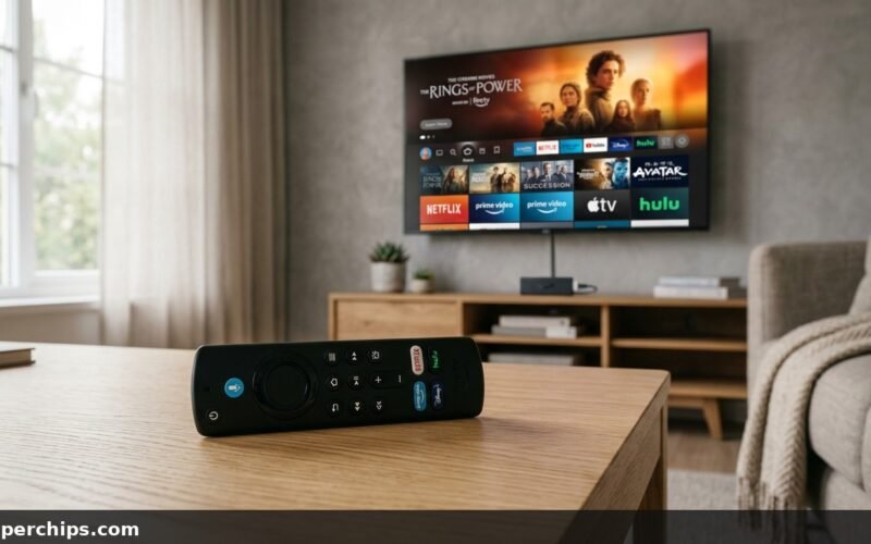 Amazon Firestick Remote Not Working Alexa Voice Remote on living room coffee table with Smart TV streaming home screen in background