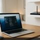 Laptop showing Wi-Fi network settings with a home wireless router on a shelf in background