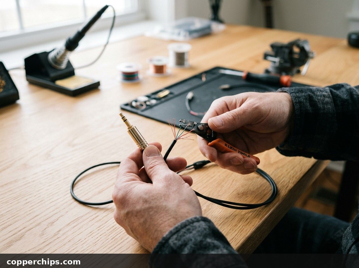 Hands stripping colored copper audio wires and preparing 3.5mm plug for headphone cable repair
