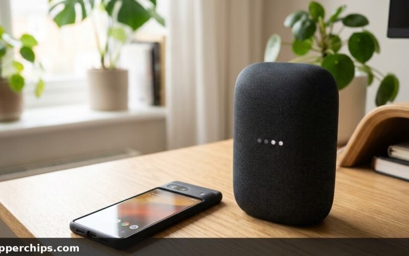 Smartphone resting on wooden desk beside Amazon Echo speaker while updating Wi-Fi network settings