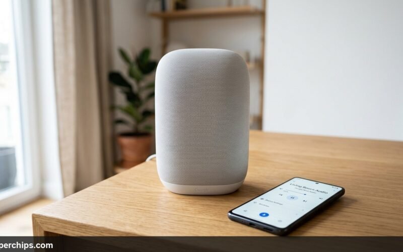 Google Nest Audio speaker next to smartphone showing Google Home settings on wooden table
