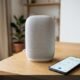 Google Nest Audio speaker next to smartphone showing Google Home settings on wooden table