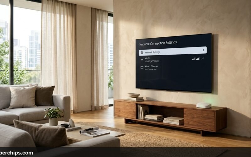 Modern living room with 65-inch OLED Smart TV showing network connection settings and mesh router