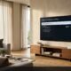 Modern living room with 65-inch OLED Smart TV showing network connection settings and mesh router