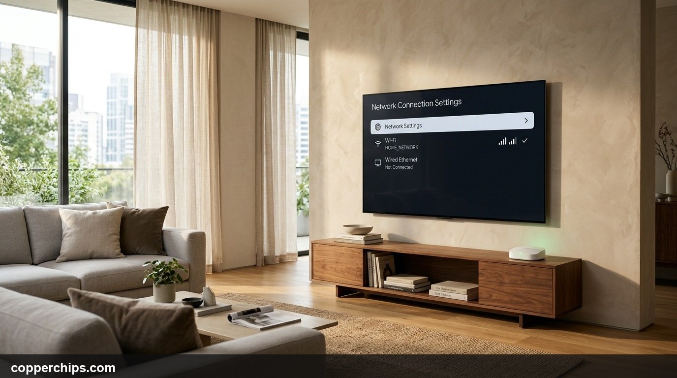 Modern living room with 65-inch OLED Smart TV showing network connection settings and mesh router