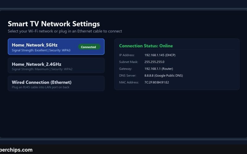 Smart TV network connection settings screen showing wireless and wired setup