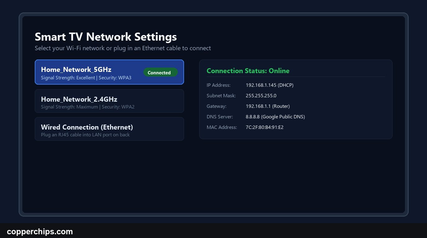 Smart TV network connection settings screen showing wireless and wired setup