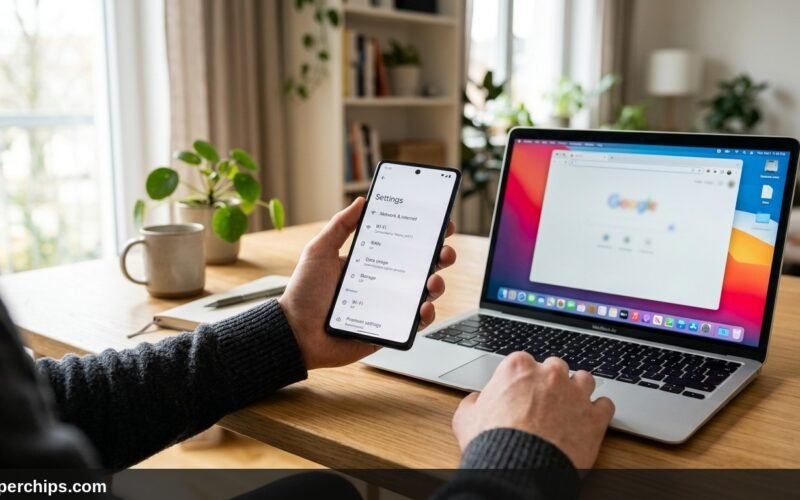 Person holding smartphone open to wireless settings next to laptop on desk