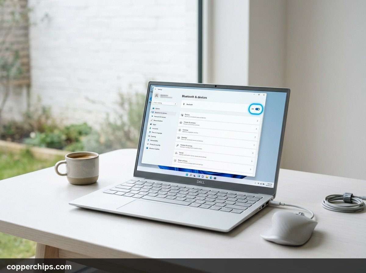 Laptop screen showing Windows 11 Bluetooth and devices settings with Bluetooth toggle switched on in blue