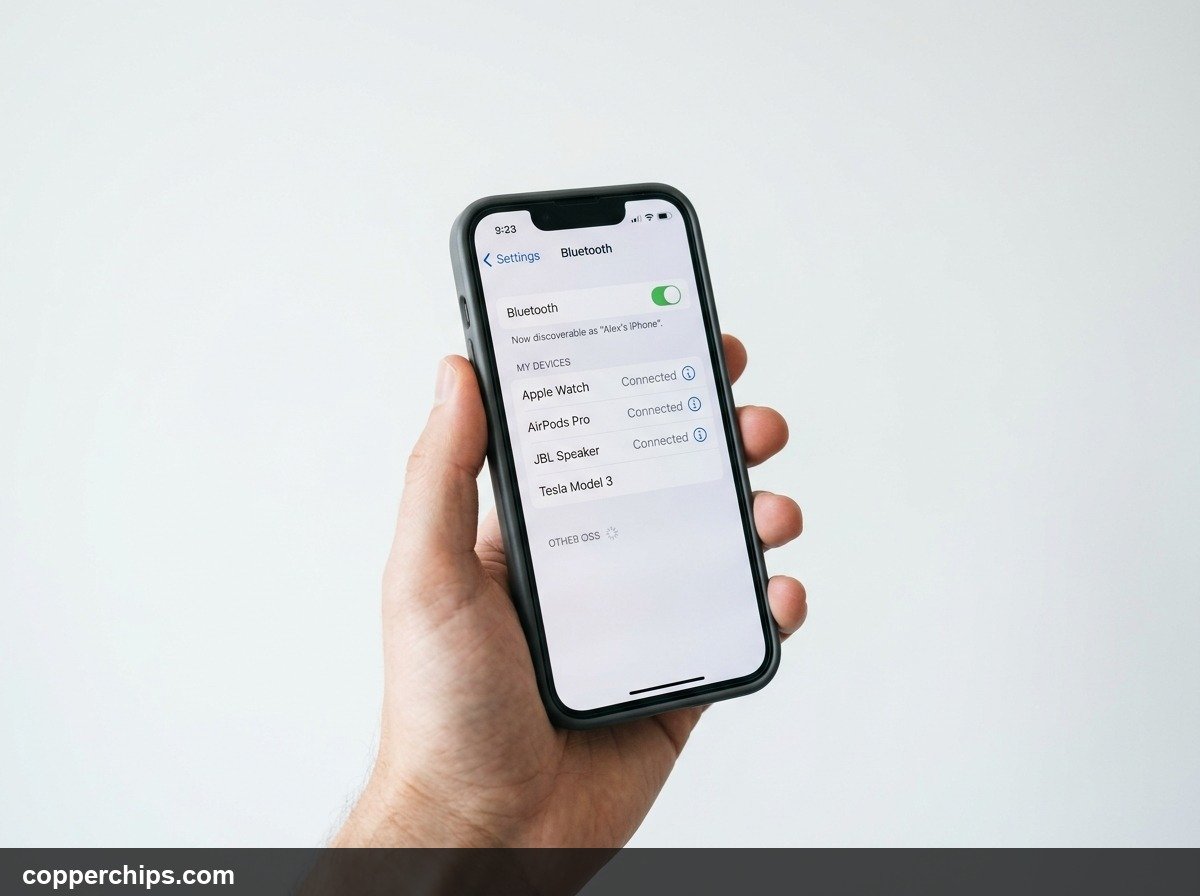 iPhone held in hand showing Bluetooth settings page with toggle enabled in iOS 17