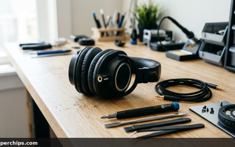 Over-ear headphones disassembled on electronic technician workbench with soldering iron, audio jack, and precision repair tools