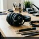 Over-ear headphones disassembled on electronic technician workbench with soldering iron, audio jack, and precision repair tools