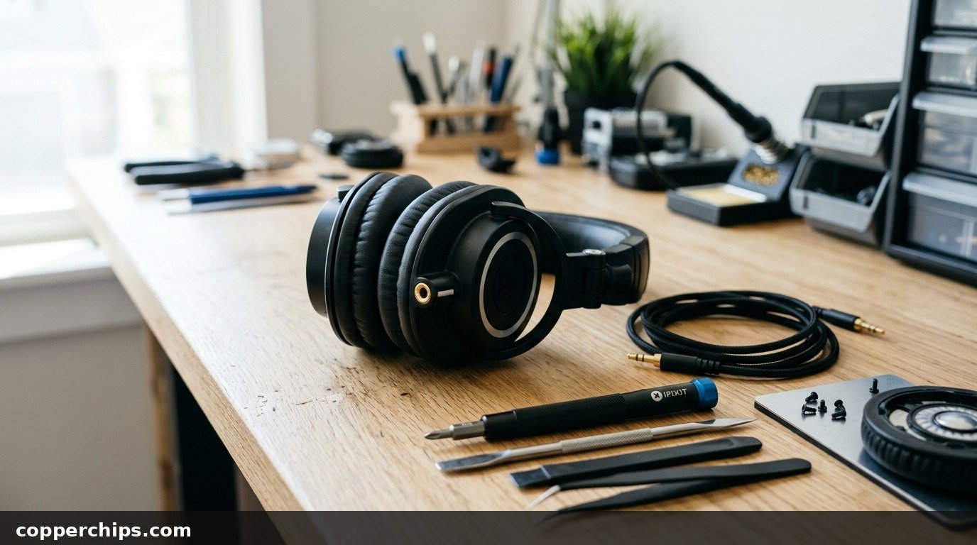 Over-ear headphones disassembled on electronic technician workbench with soldering iron, audio jack, and precision repair tools