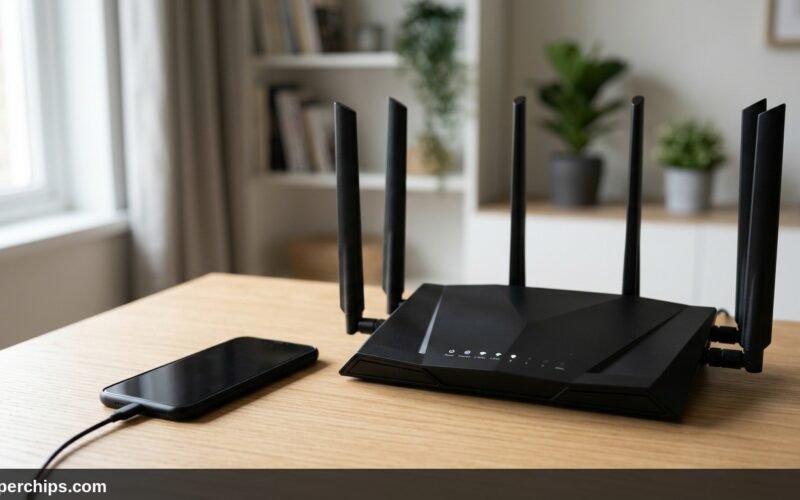 Black multi-antenna wireless Netgear router on an oak desk next to a phone