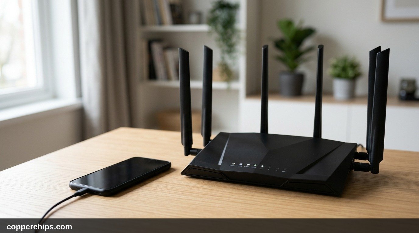 Black multi-antenna wireless Netgear router on an oak desk next to a phone