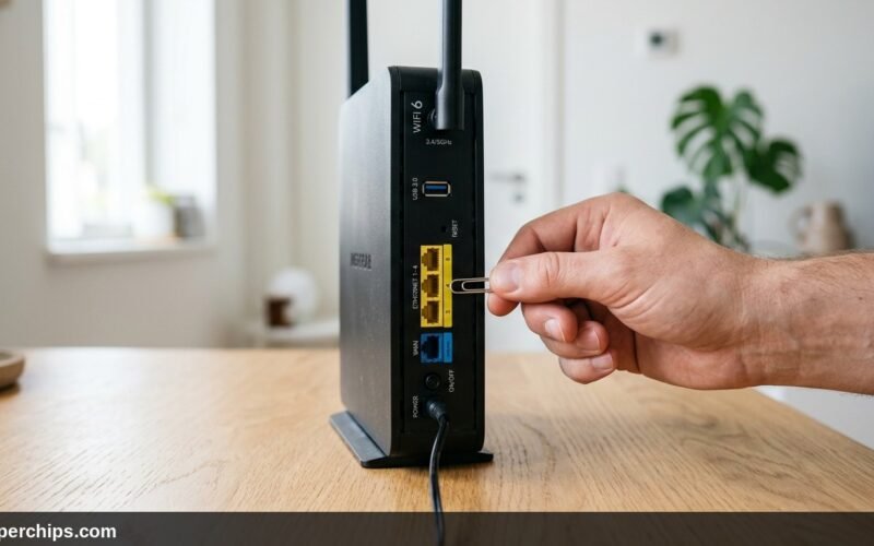 Person resetting a Spectrum router using a paperclip in the physical reset port
