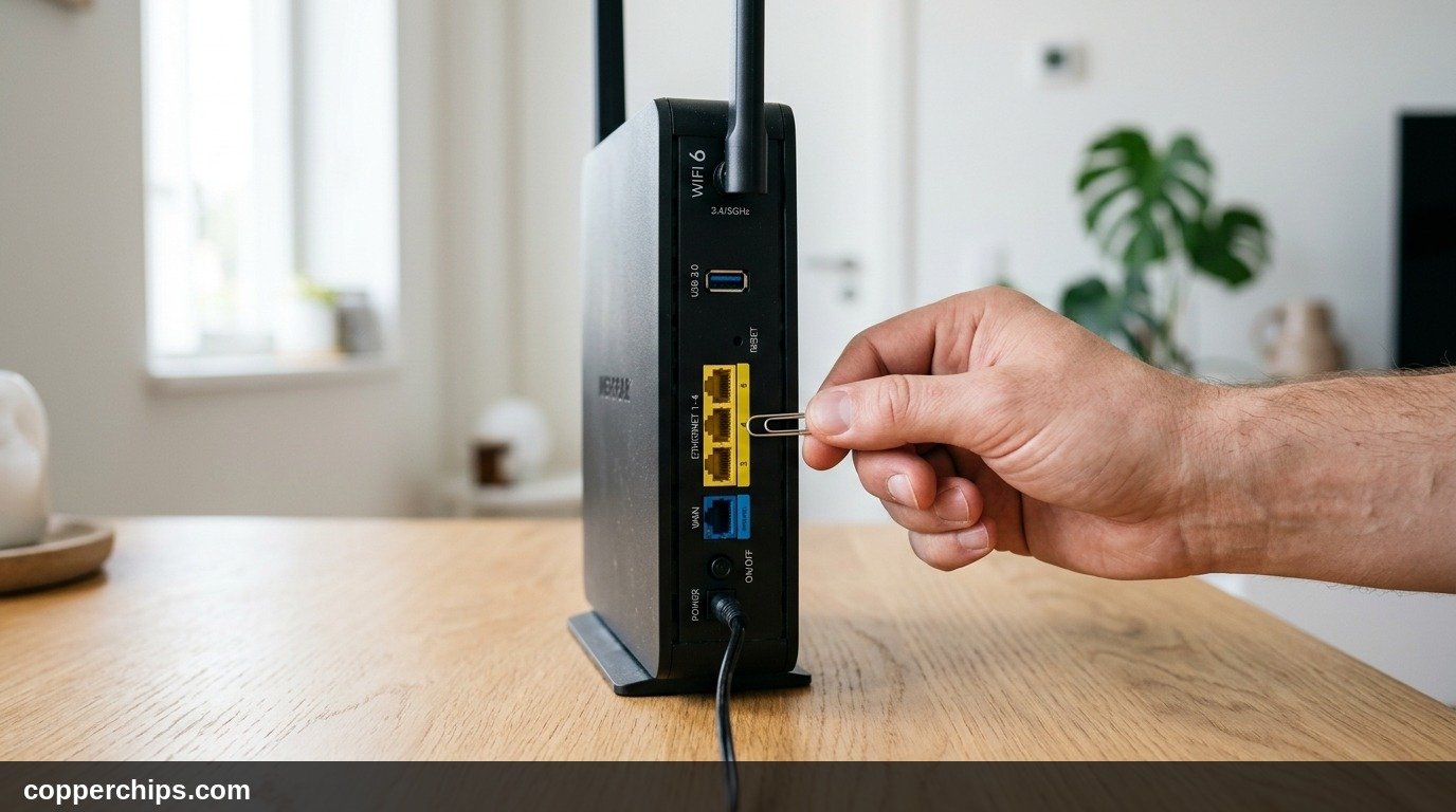 Person resetting a Spectrum router using a paperclip in the physical reset port
