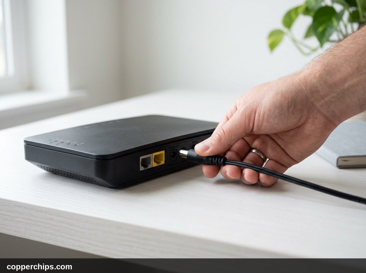 Unplugging the power cable from the back of a Spectrum router to power cycle