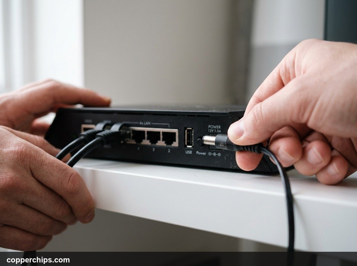 Hands unplugging power adapter from back of black WiFi router to restart it