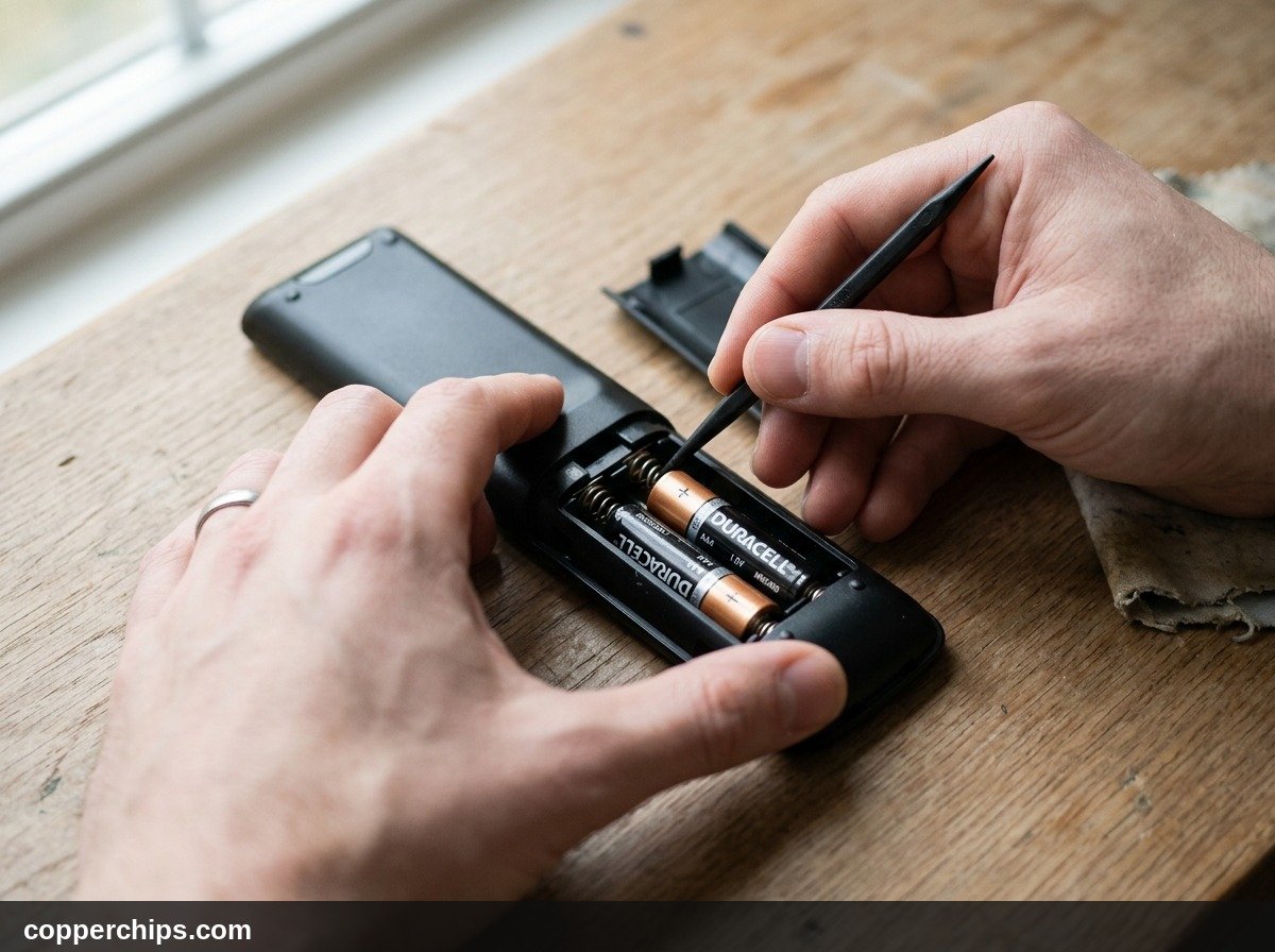 Inspecting AAA batteries and spring terminals inside streaming remote battery compartment