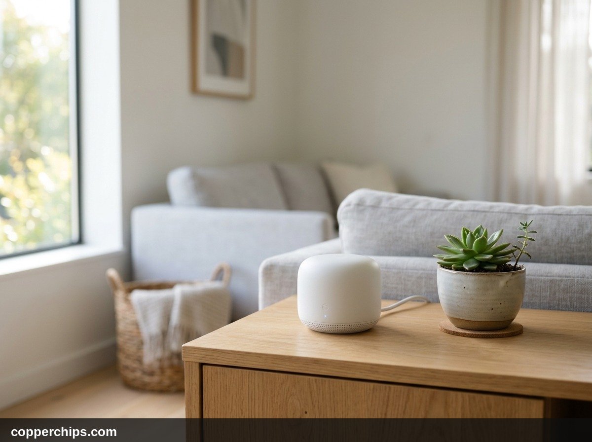 Modern white mesh WiFi node resting on a wooden side table in a living room