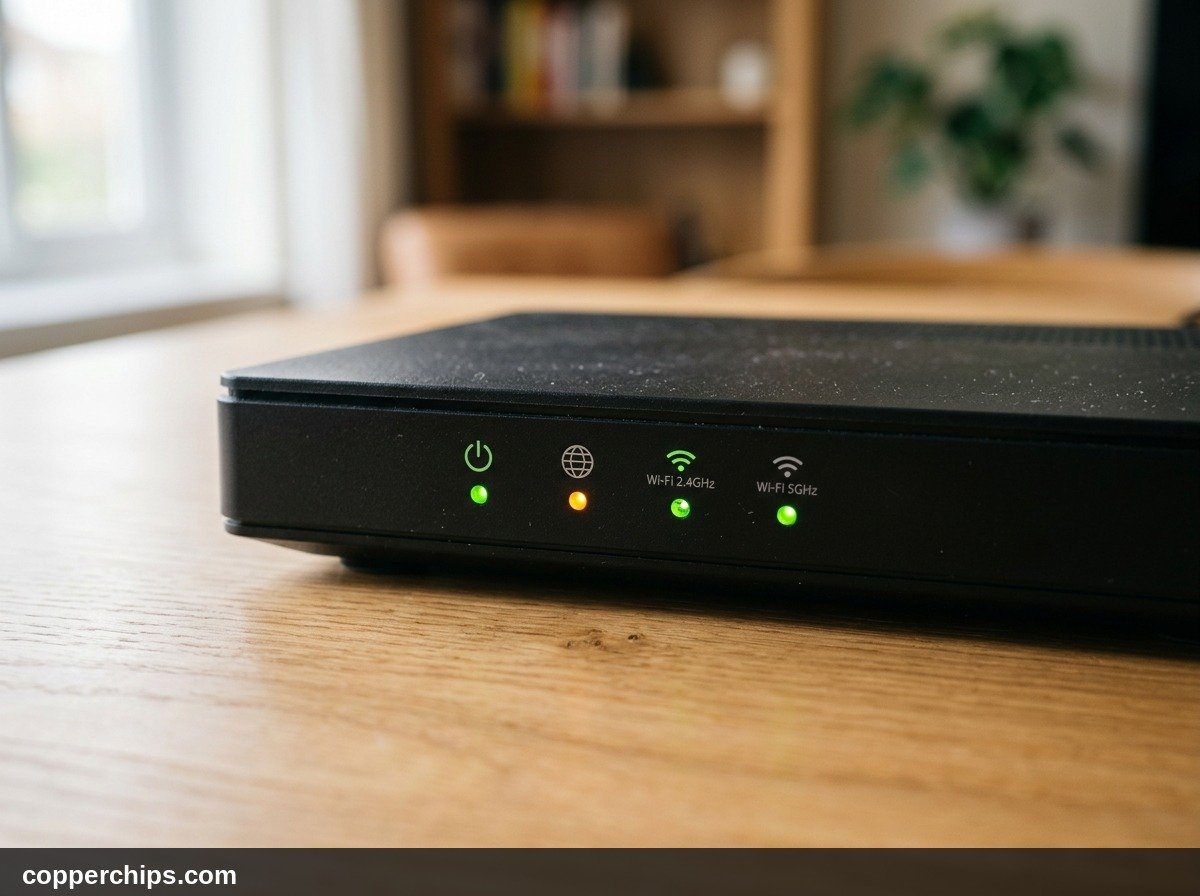 Front panel LED indicator lights glowing on a wireless Netgear router