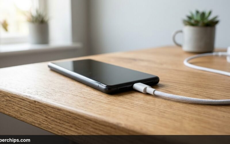 Smartphone connected to charging cable on oak desk while battery drains
