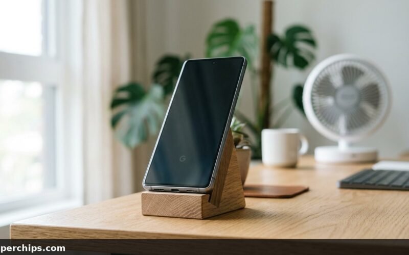 Smartphone resting upright on desk in front of fan after liquid detected in charging port