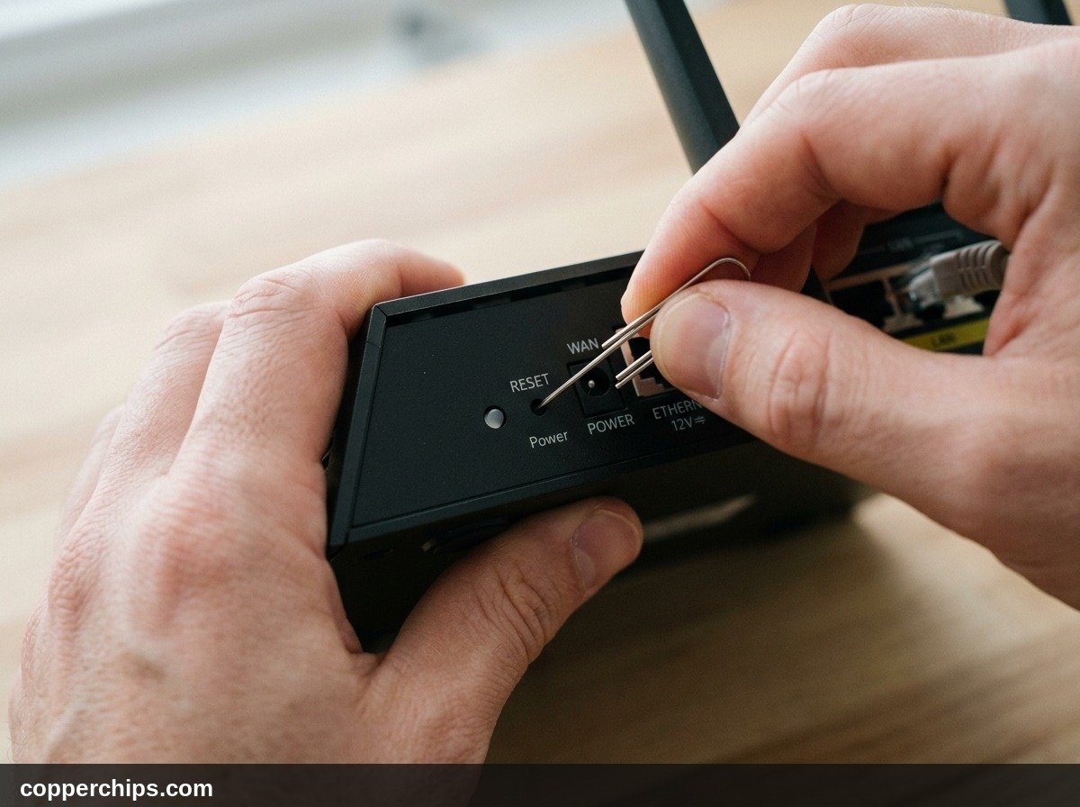 Person using a paperclip to press the recessed reset pinhole on rear router panel