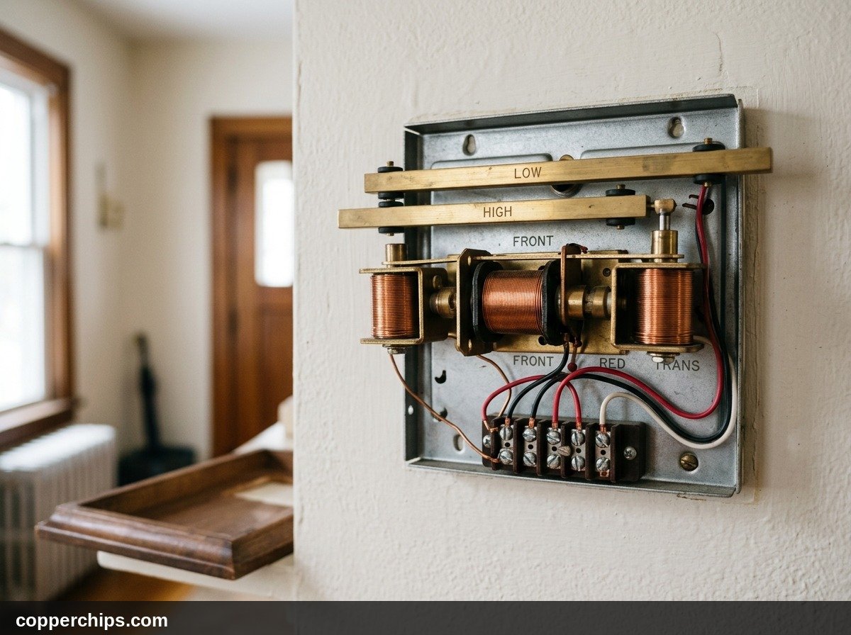 Opened mechanical doorbell chime box showing solenoids and terminal wiring for Ring