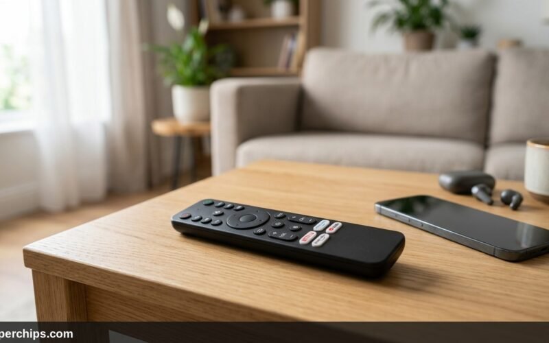 Black streaming media remote control resting on an oak table next to a smartphone