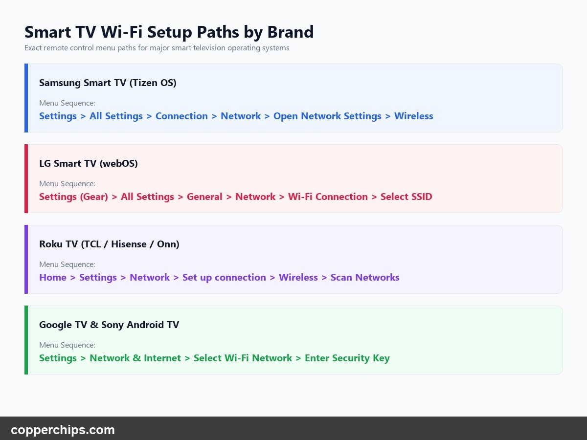Smart TV network setup paths across Samsung LG Roku and Google TV