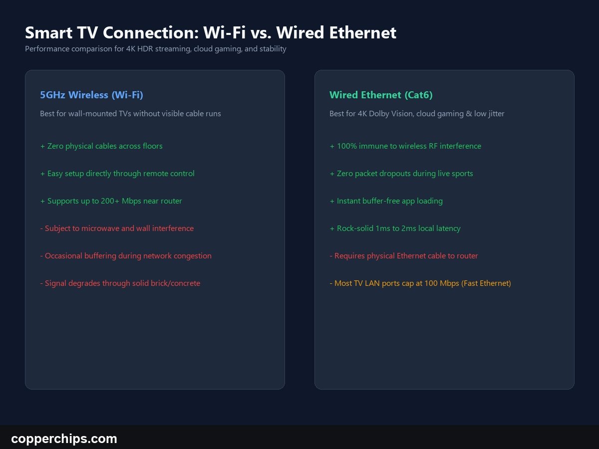Comparison chart between Wi-Fi and wired Ethernet connection for Smart TV